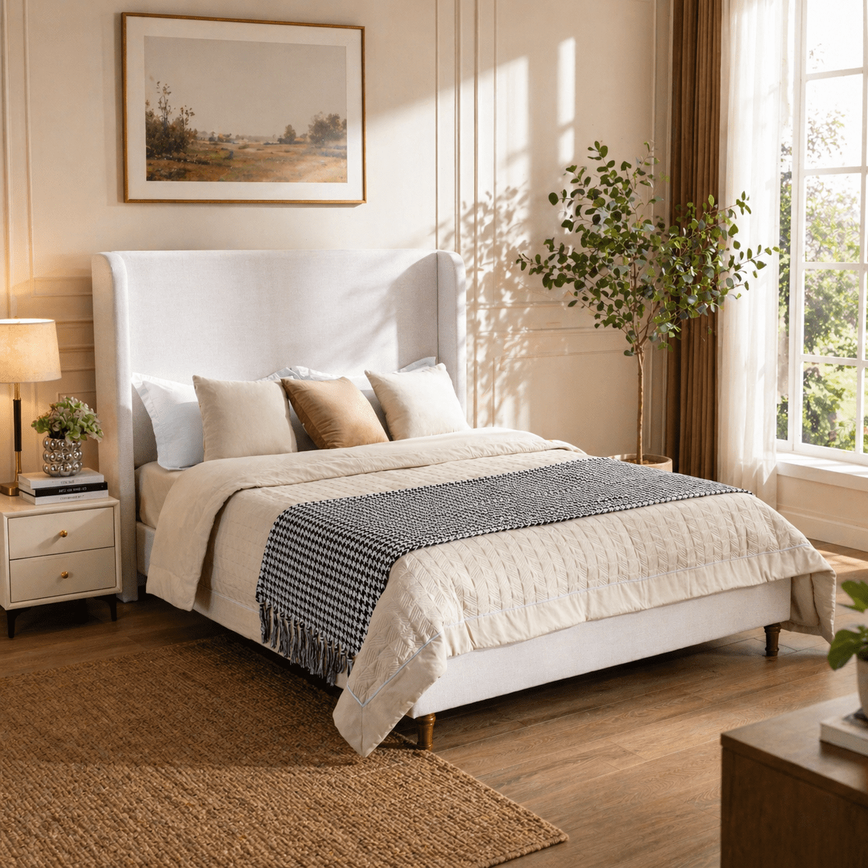 Miniyam King Size Upholstered Platform Bed Frame with Wingback 54 in. Headboard, Ivory