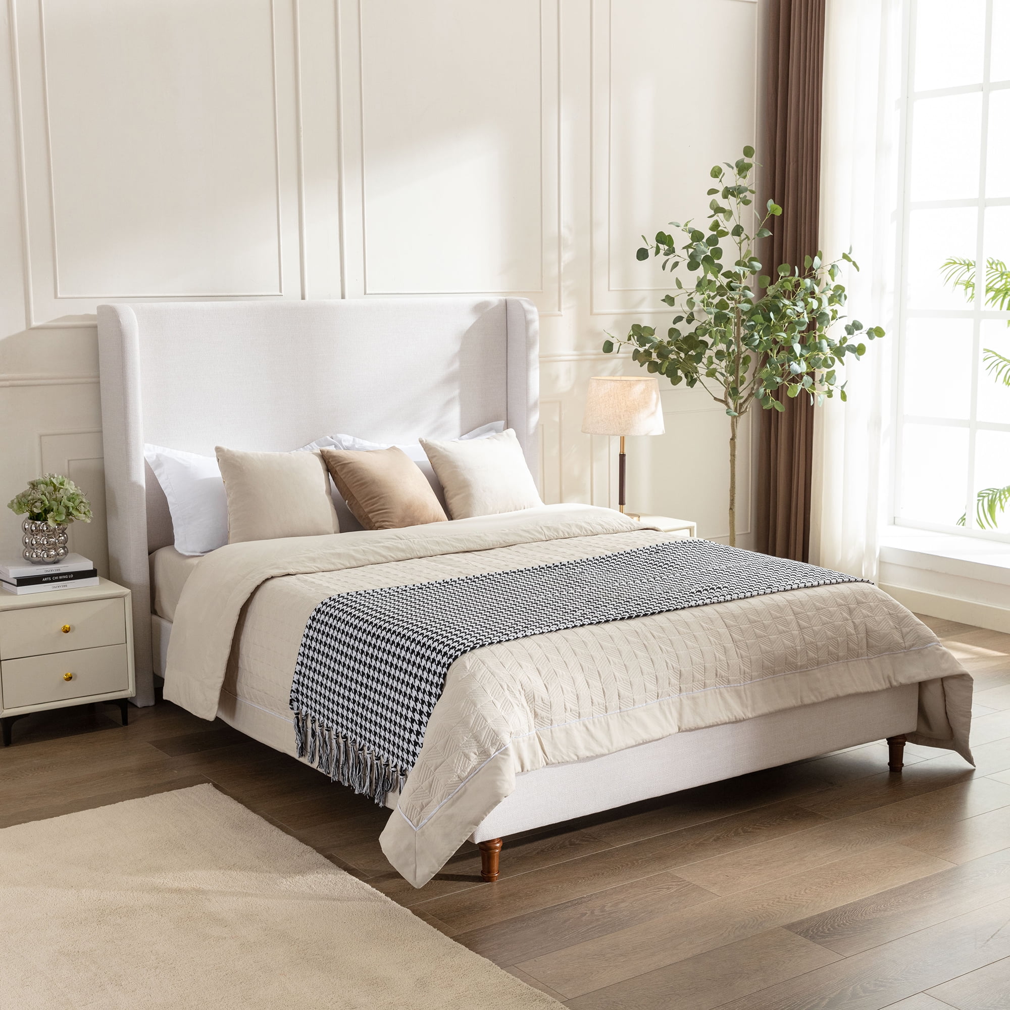 Miniyam King Size Upholstered Wingback Bed with 54" Headboard for Adult, Ivory - Walmart.com