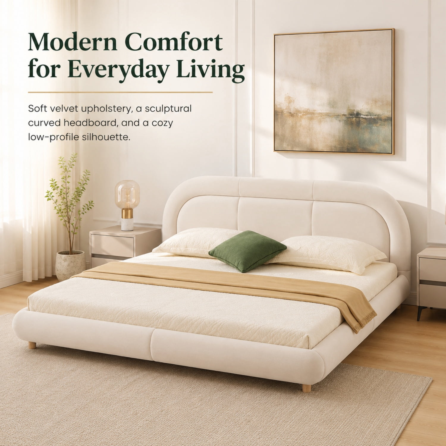 Miniyam King Size Velvet Upholstered Bed Frame with Curved Headboard, Platform Bed with Wood Slats, No Box Spring Needed, Beige
