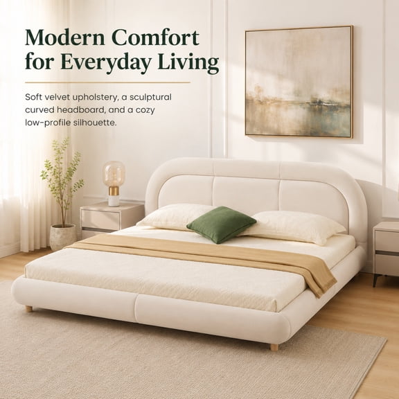 Miniyam King Size Velvet Upholstered Bed Frame with Curved Headboard, Platform Bed with Wood Slats, No Box Spring Needed, Beige