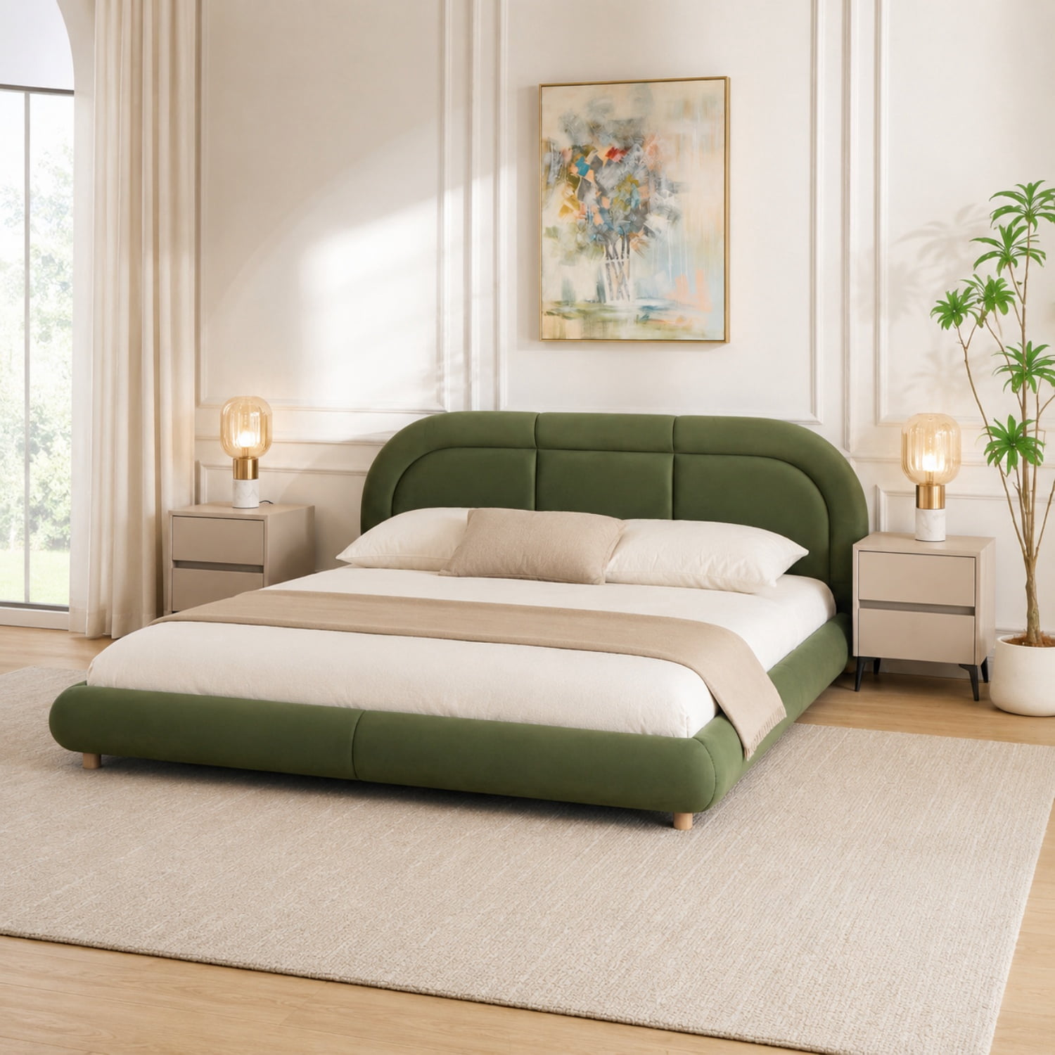 Miniyam King Size Velvet Upholstered Bed Frame with Curved Headboard, Platform Bed with Wood Slats, No Box Spring Needed, Green