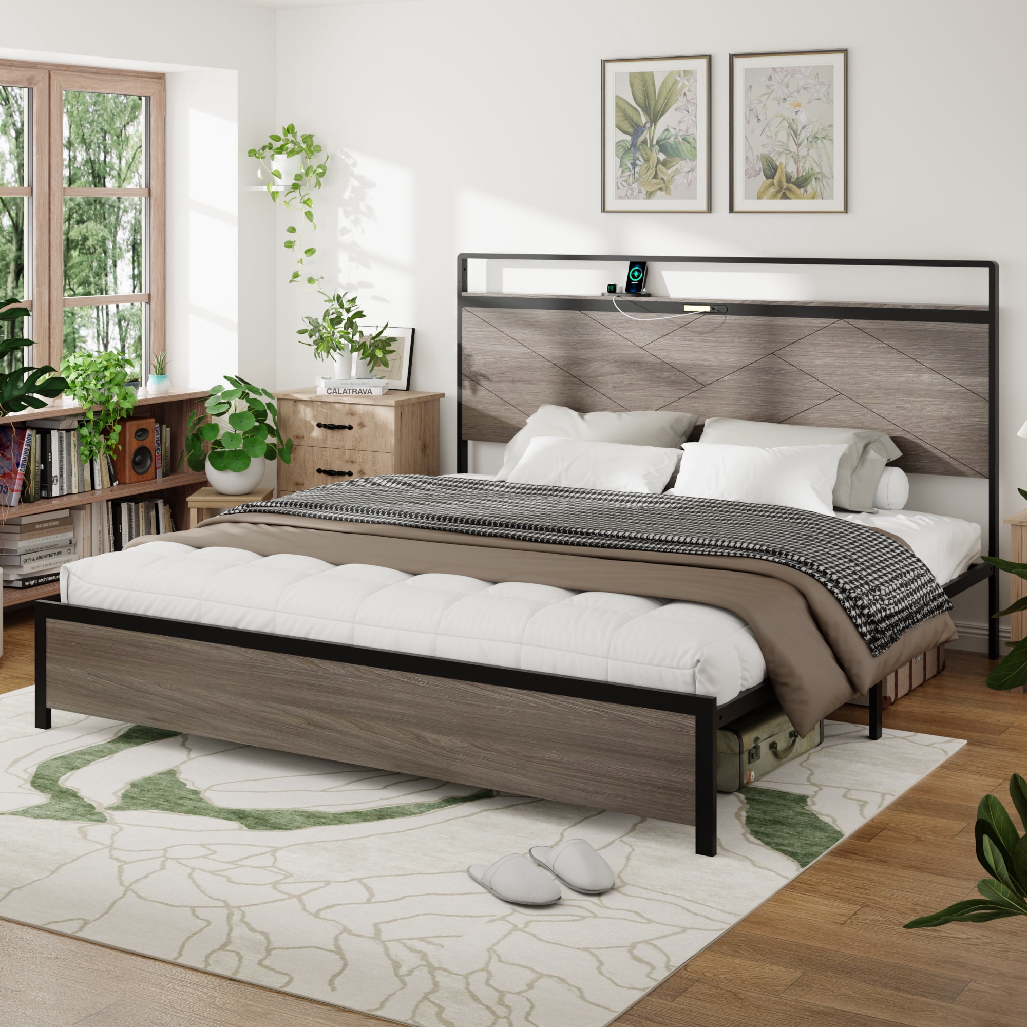 Miniyam King SizeMetal Bed with Wooden Headboard, USB Charging Station for Adult, Gray