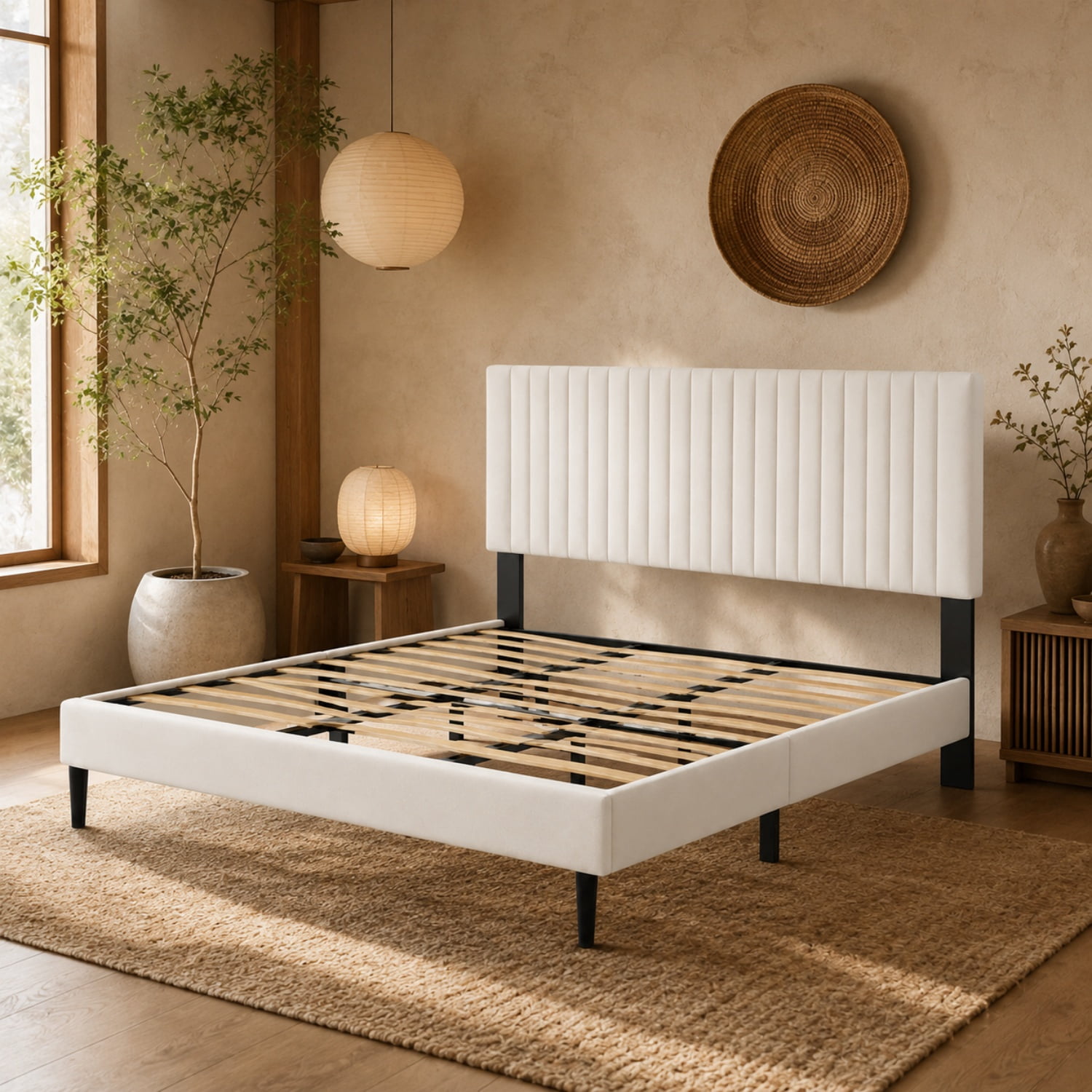 Miniyam King Upholstered Bed Frame with Adjustable Headboard, Platform Bed with Wood Slat Support, Beige