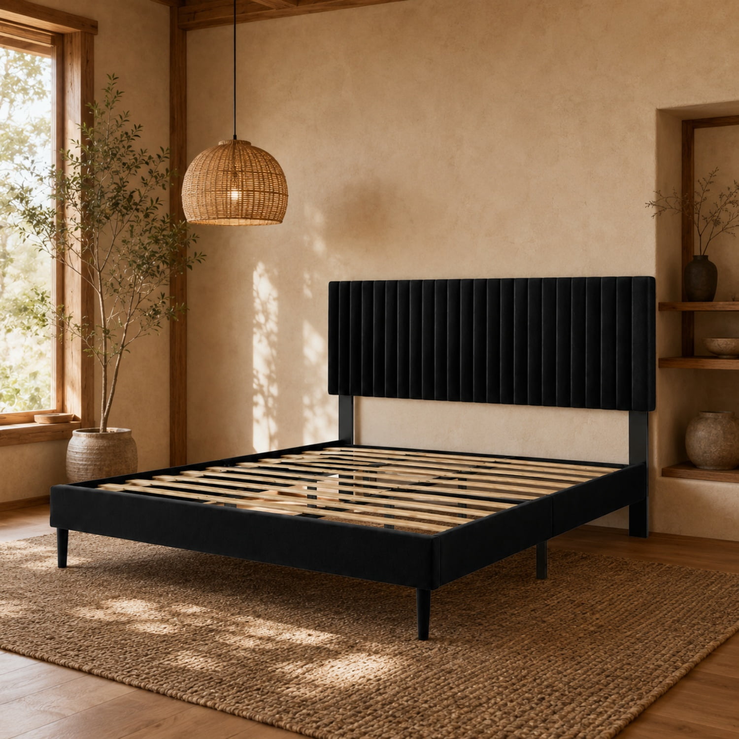 Miniyam King Upholstered Bed Frame with Adjustable Headboard, Platform Bed with Wood Slat Support, Black