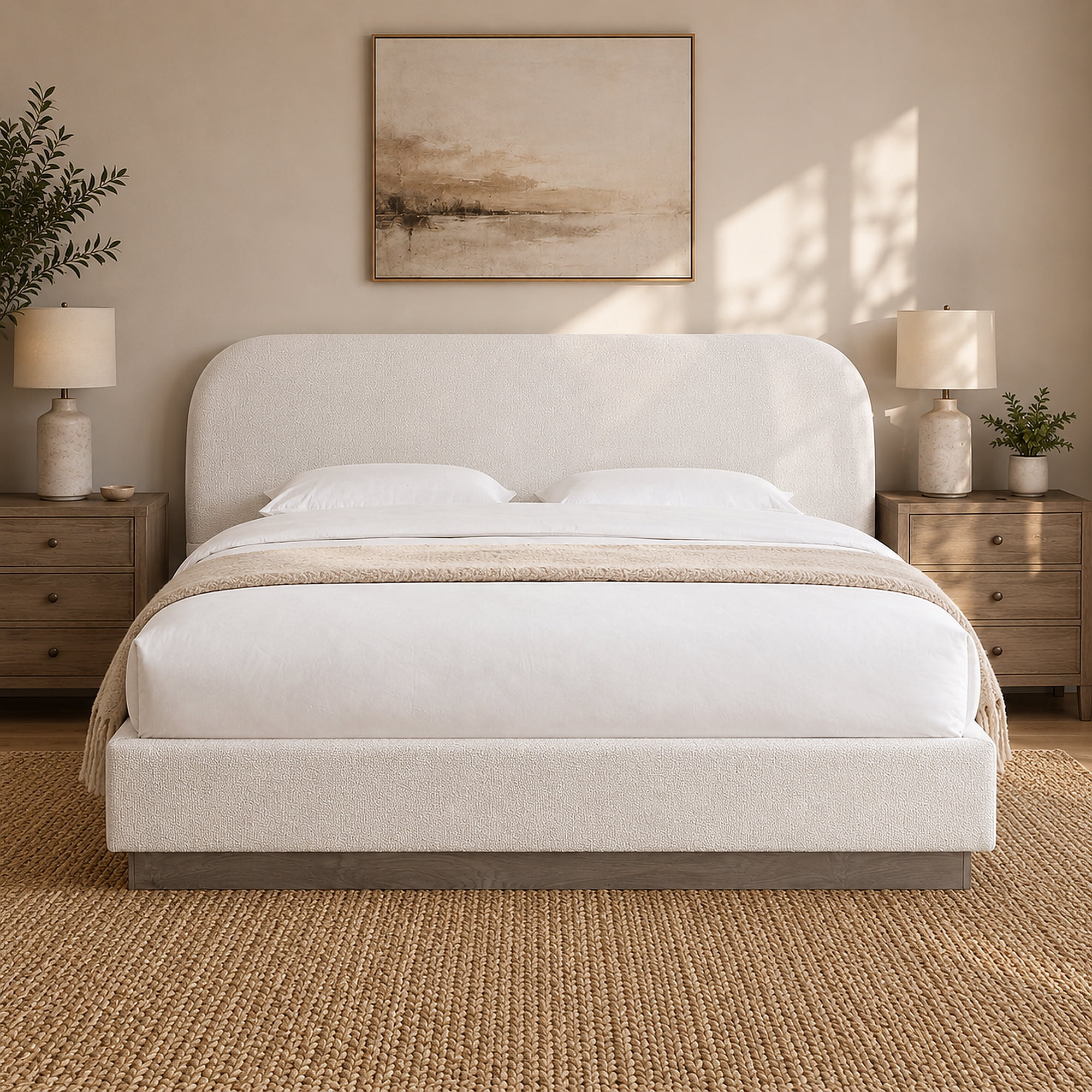 Miniyam King Upholstered Bed with 44.5 in Curved Headboard, Hidden Wood Base, Metal Frame, Cream White
