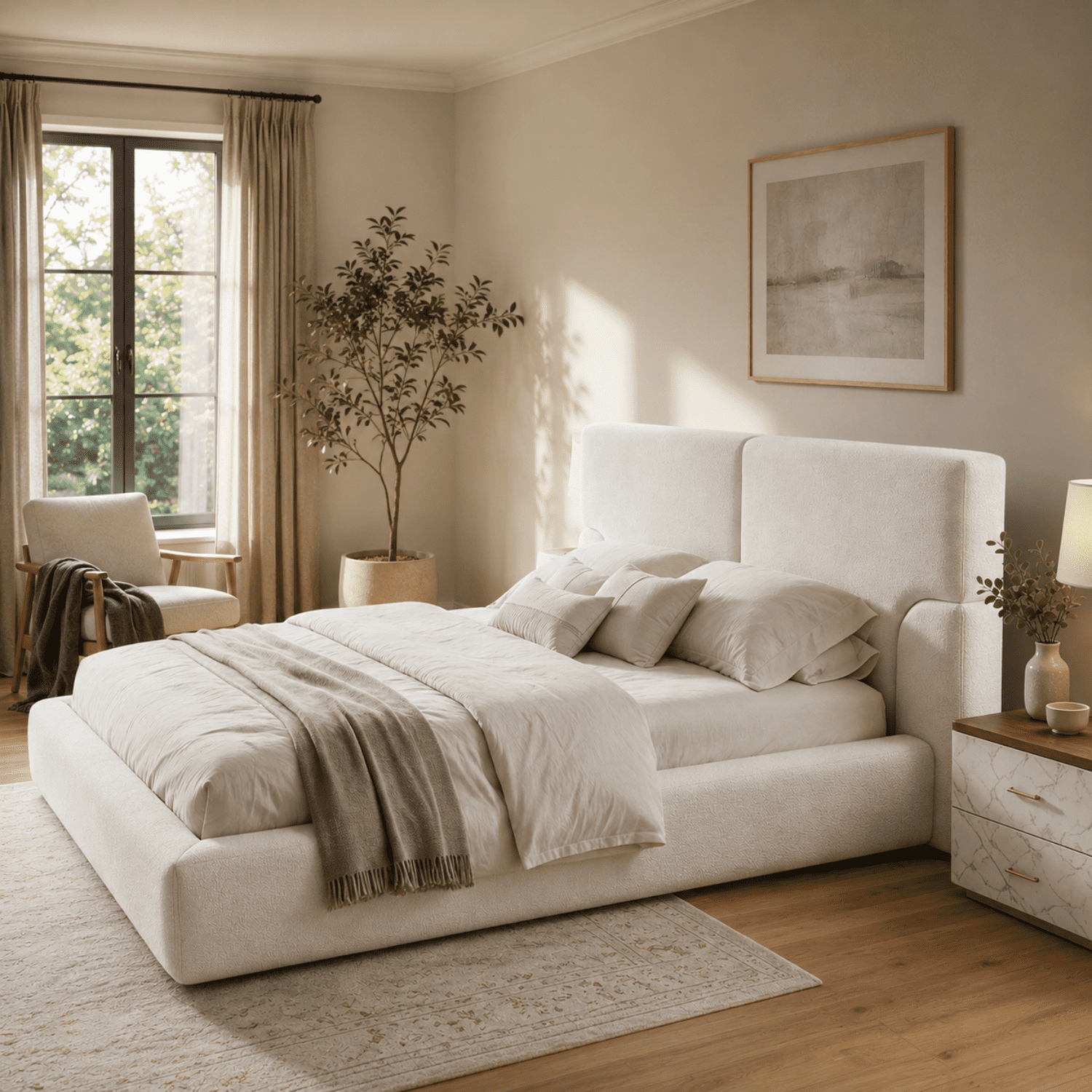 Miniyam King Upholstered Platform Bed Frame with 4.92" Padded Headboard, Jacquard Fabric Low Profile Bed, Cream White