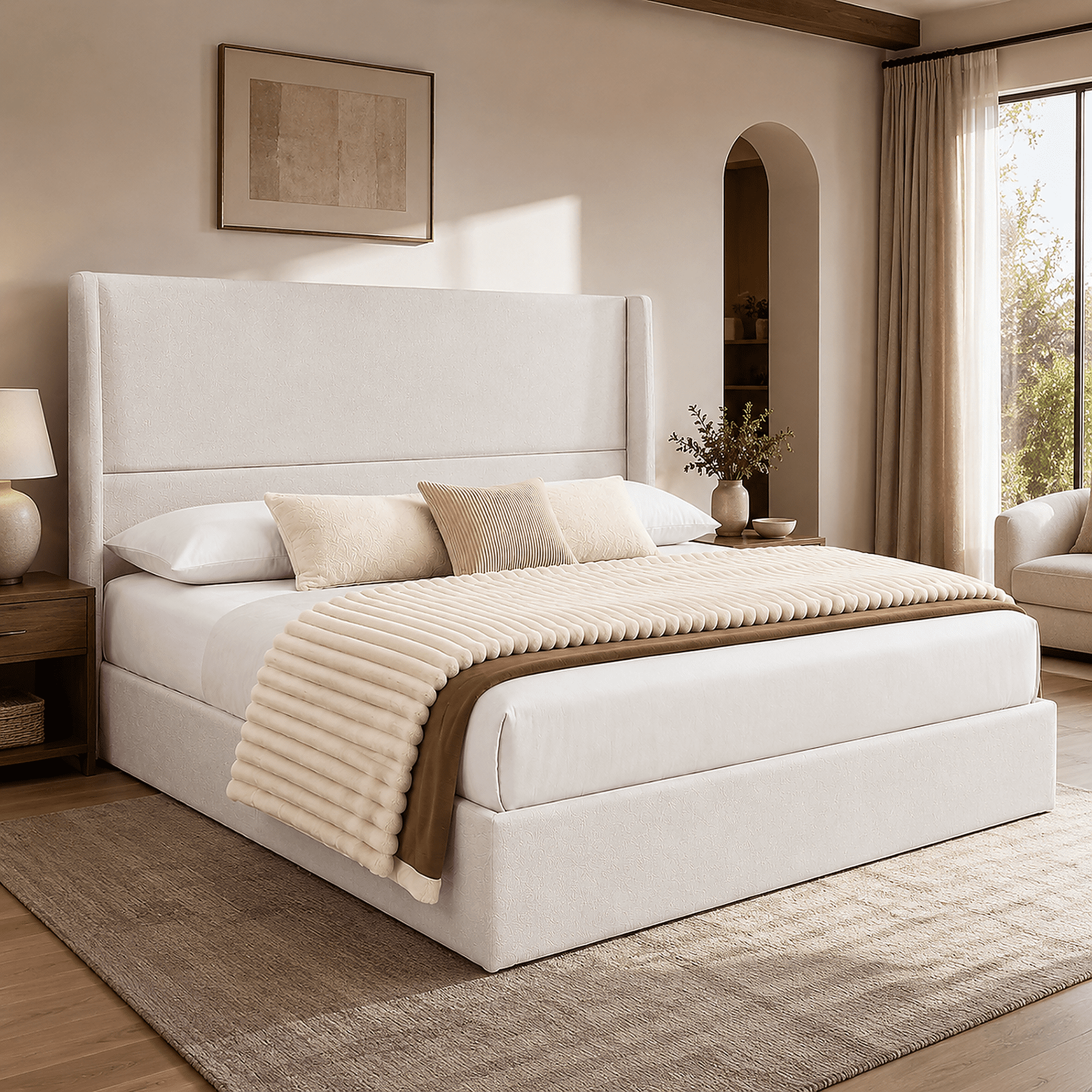 Miniyam King Upholstered Platform Bed Frame with 50.78" High-Back Headboard, Beige Chenille, No Box Spring