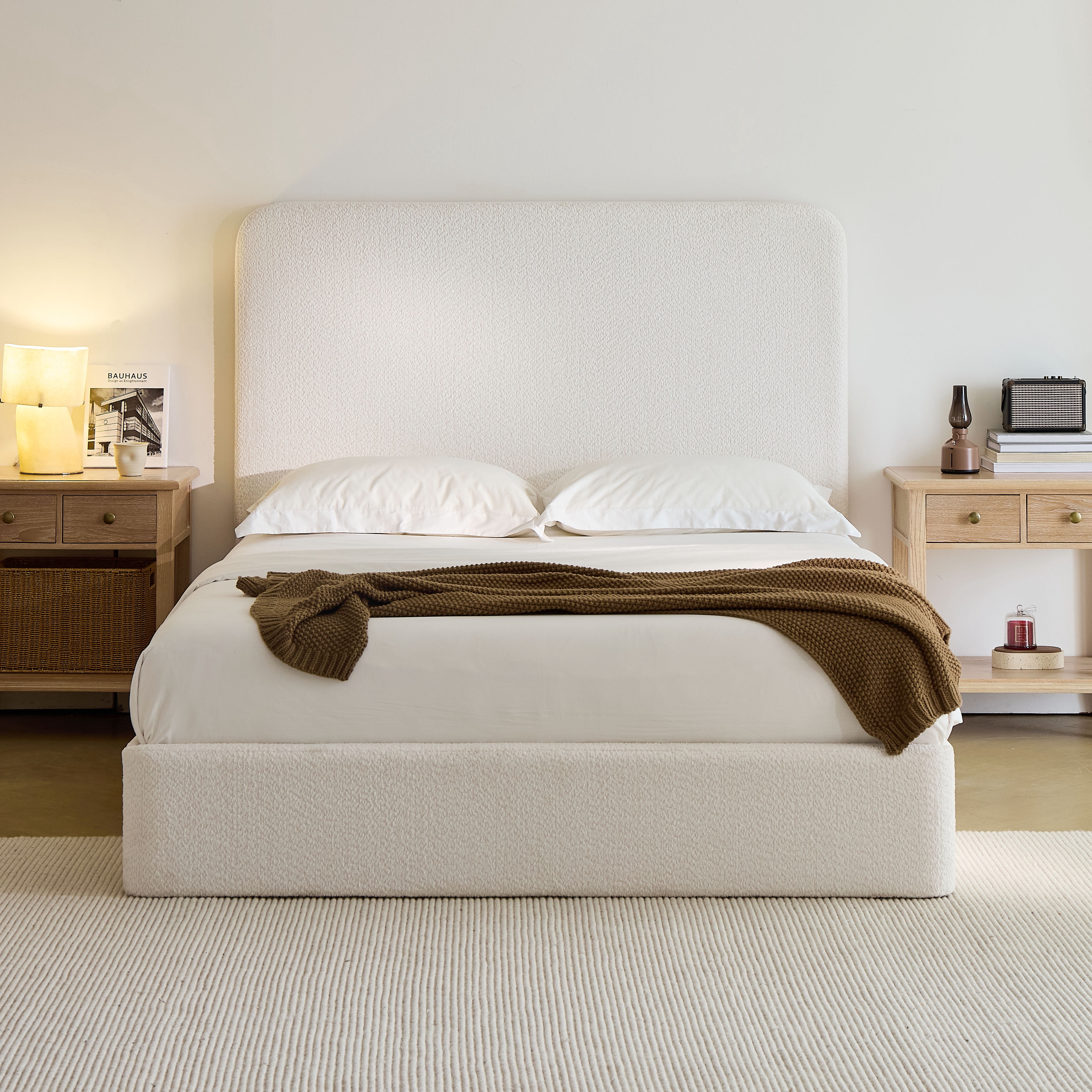 Miniyam King Upholstered Platform Bed Frame with 52" Tall Headboard, Chenille Bed with Wooden Slats, No Box Spring Required, White
