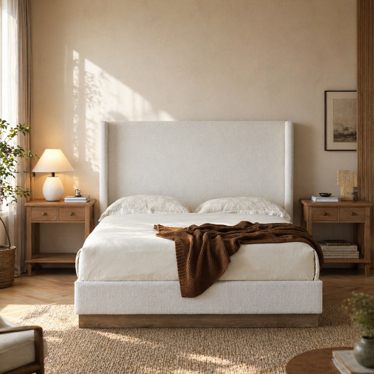 Miniyam King Upholstered Wingback Bed with 53.1" Tall Boucle Headboard, Hidden Wood Base, Metal Frame, No Box Spring, for Adults & Teens