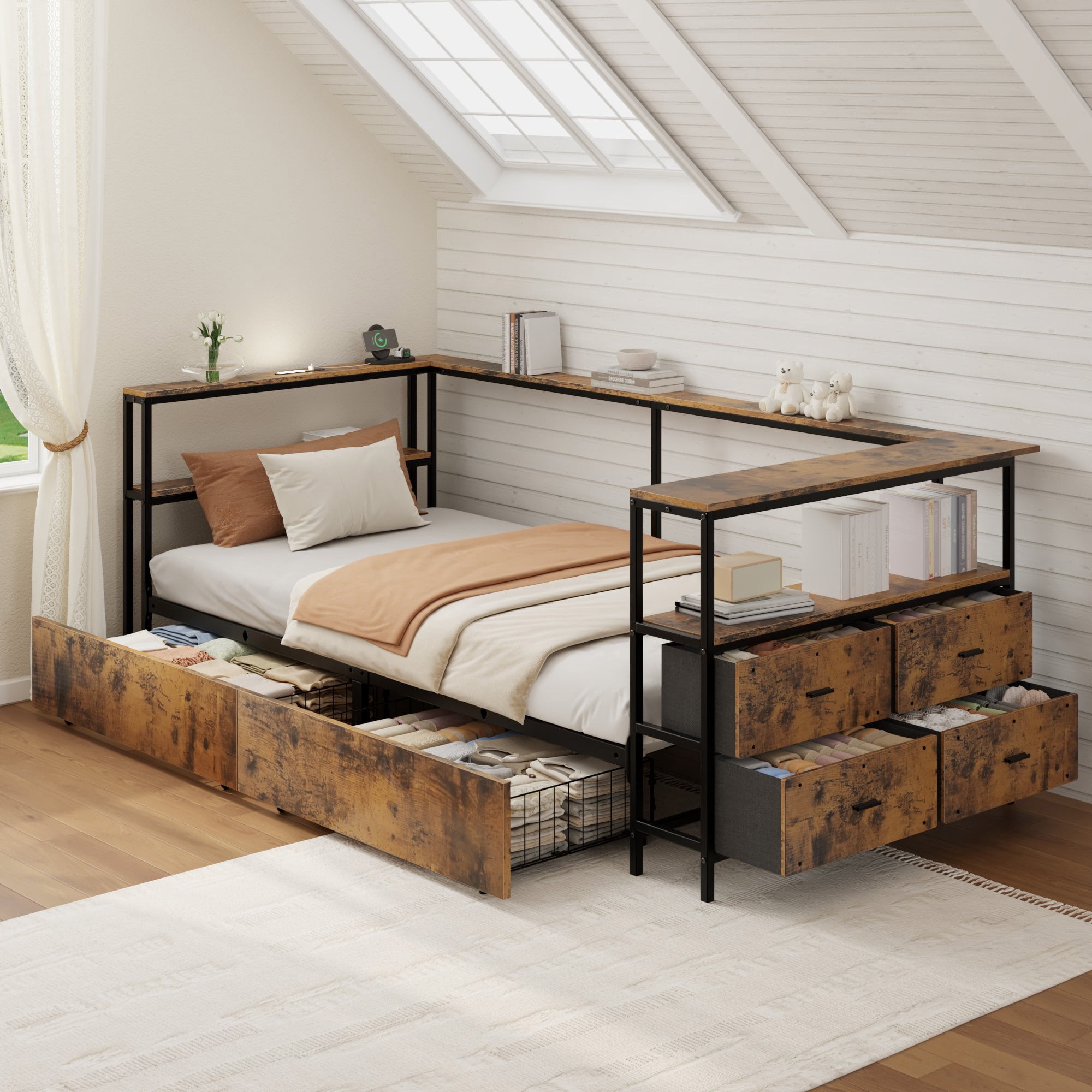Miniyam L-Shaped Twin Bed Frame with Storage Drawers, Charging Station & Bookshelf, Metal Platform Bed