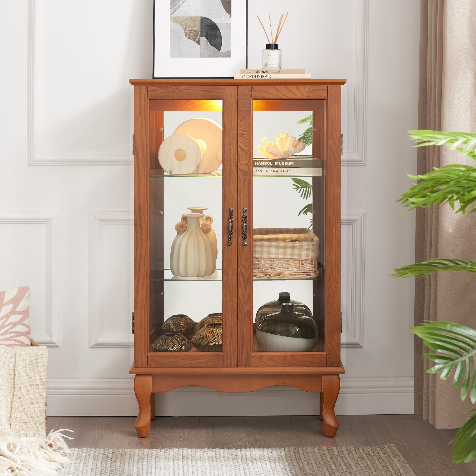 Miniyam Curio Display Cabinet with Light & Tempered Glass Doors, Oak