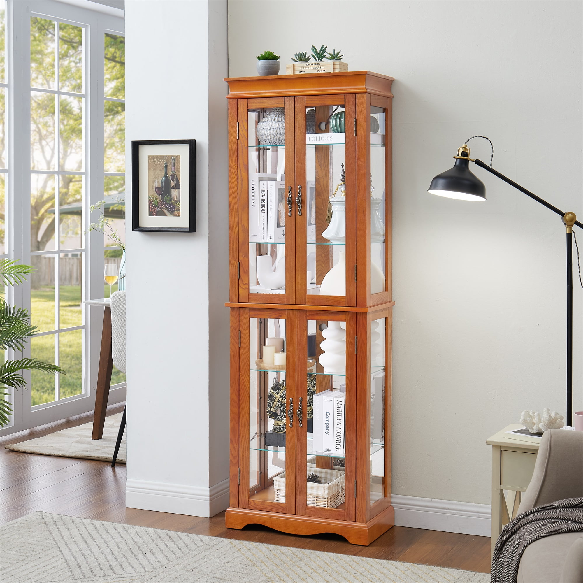 Miniyam Lighted Glass Curio Display Cabinet,Wood Frame China Cabinet for Living Room, Kitchen, Pantry,Light Bulb Included, Oak