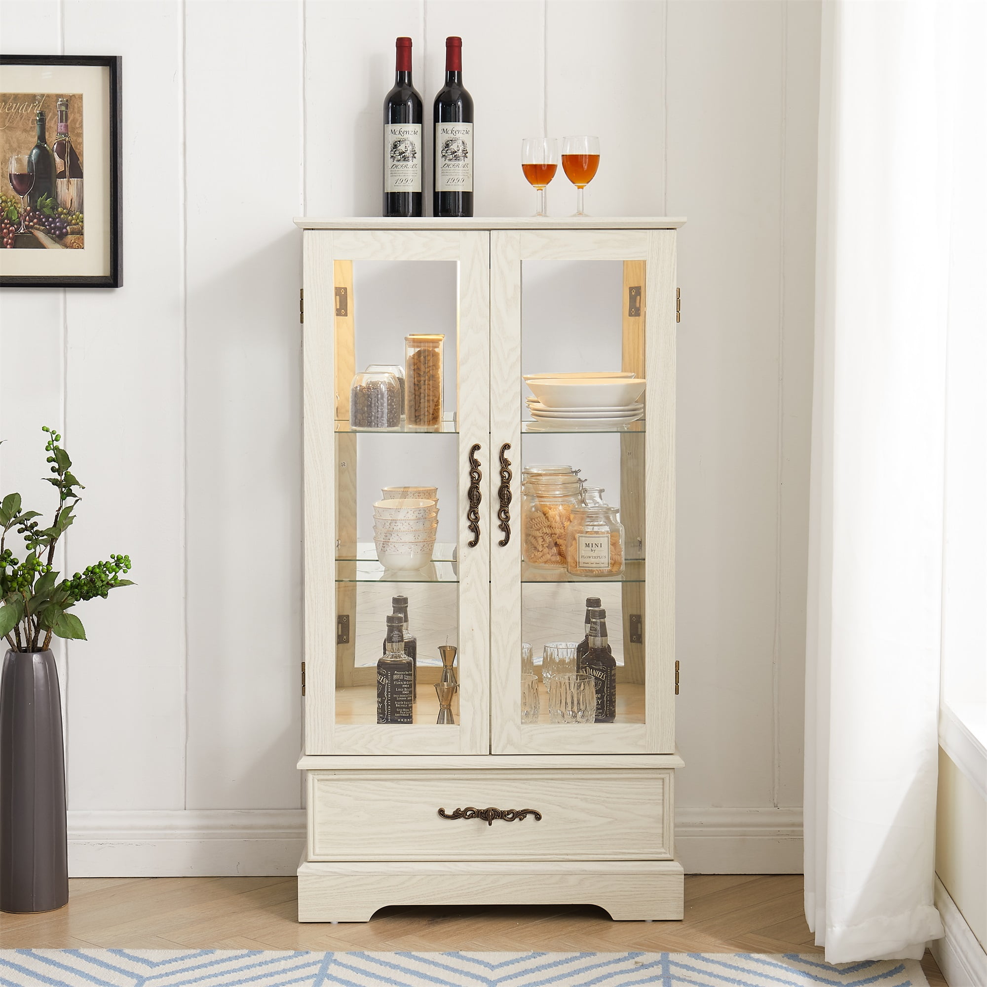 Miniyam Lighted Wood Curio Display Cabinet with Glass Door China Cabinet with Adjustable Glass Shelves and 1 Drawer Bulb Included White Size 44 inch