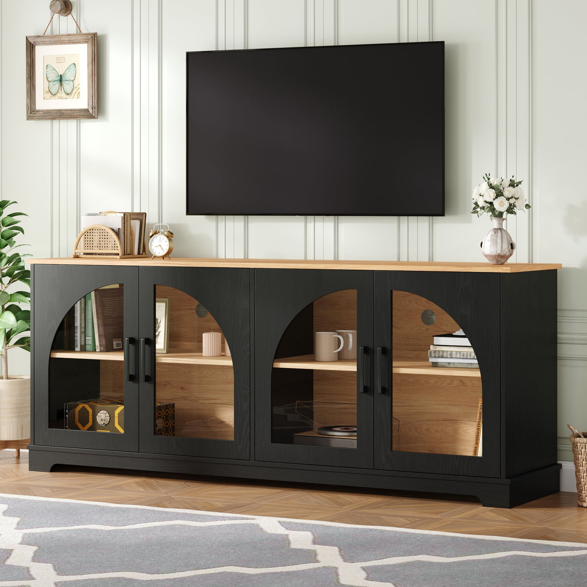 Miniyam Media Console for 70″ TVs: Farmhouse Stand with Semi-Arched Glass Doors, Adjustable Shelves, Cable Management, Black