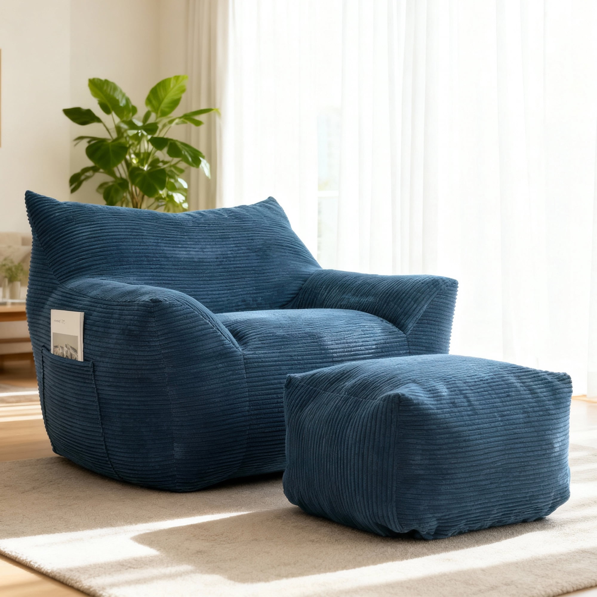Miniyam Memory Foam Chair & Ottoman Set with Side Pockets, Lounge Chair with Armrests for Adults Teens, Living Room, Dorm (Blue)