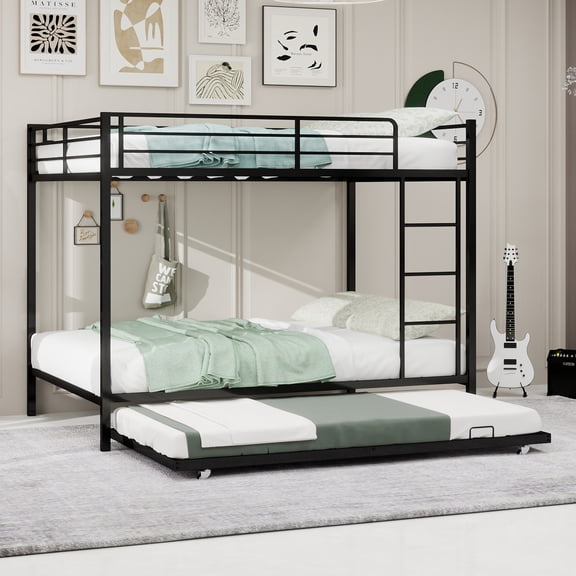 Miniyam Metal Full over Full Bunk Bed with Trundle, Space Saving Bunk Bed Frame with Ladder and Guardrails for Dorm, Apartment, Black