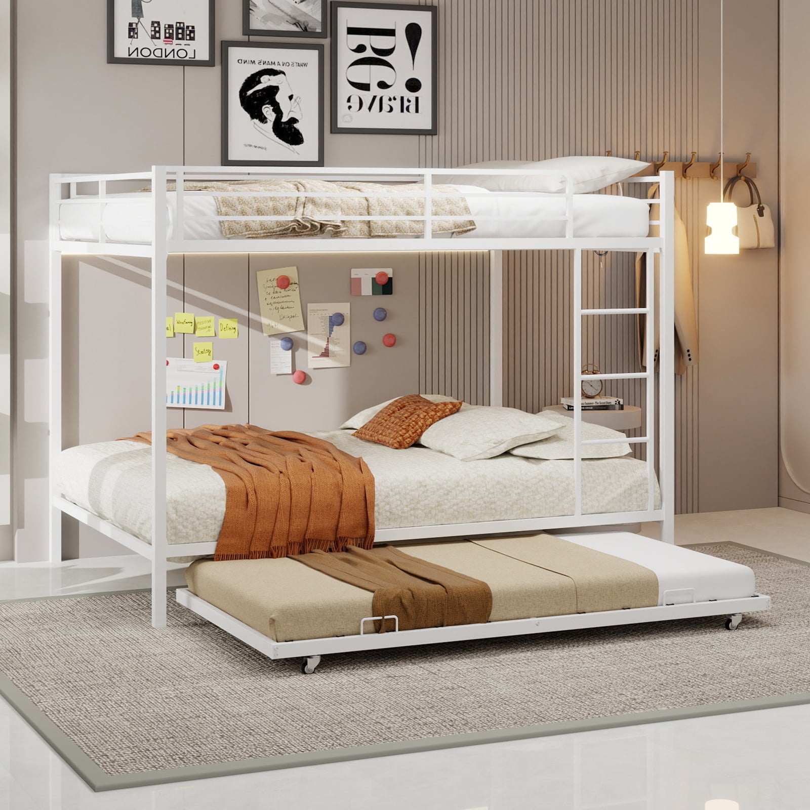 Miniyam Metal Queen over Queen Bunk Bed with Trundle, Space Saving Bunk Bed Frame with Ladder and Guardrails for Dorm, Apartment, White