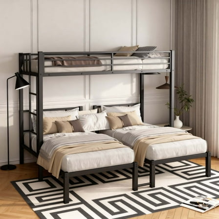 Miniyam Heavy-Duty Metal Triple Bunk Bed, Twin Over Twin Over Twin, Space-Saving 3-Bed Bunk Frame with Guardrails & Ladder, Black
