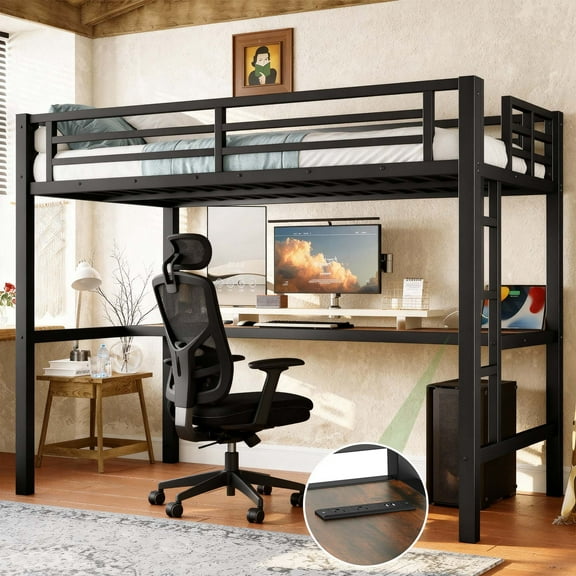 Miniyam Metal Twin Loft Bed with Desk, USB Charging Station, LED Lights, Space-Saving, Black