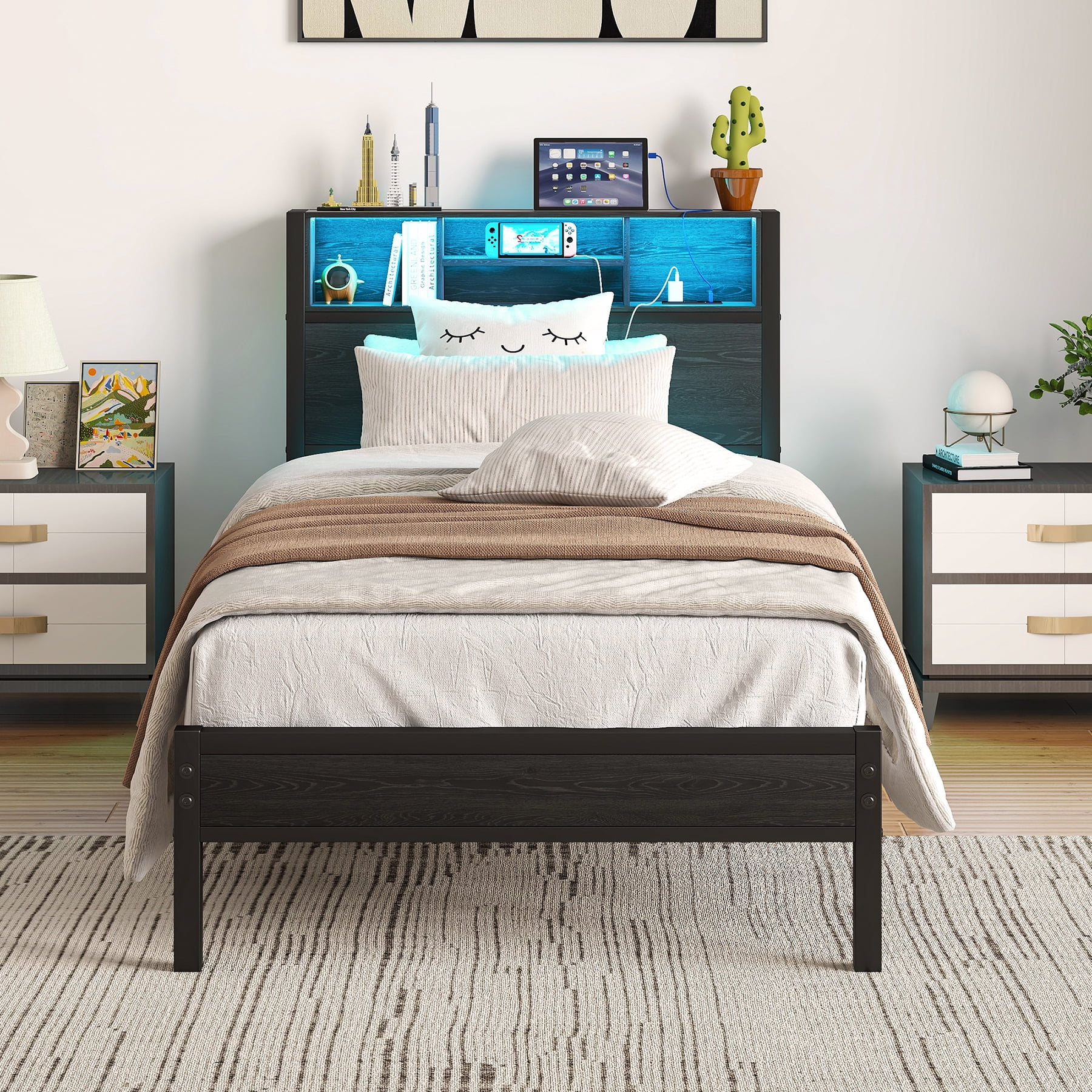 Miniyam Metal Twin Size Bed with Storage Headboard, LED Light, Charging Station for Adult, Black