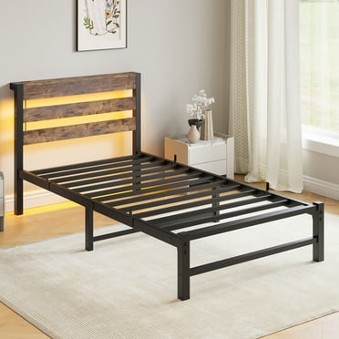 Miniyam Metal Twin Size Bed with USB Charging Station, LED Light for Adult, Brown