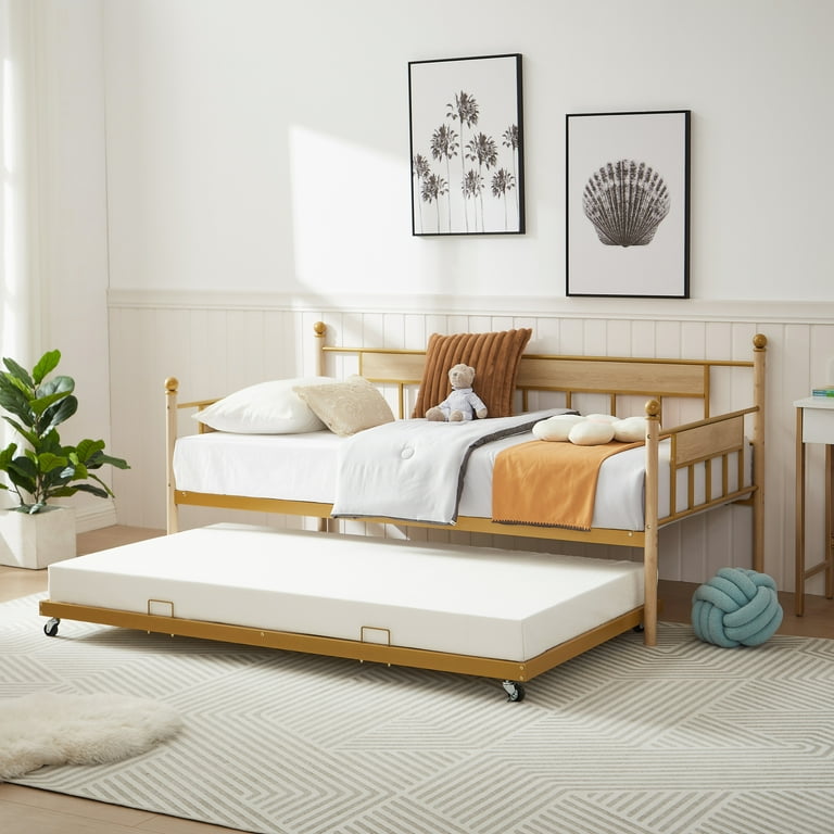 Miniyam Metal Twin Size Daybed with Trundle Versatile Comfort and Convenience Gold