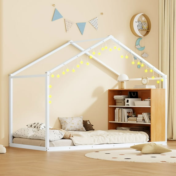Miniyam Metal Twin Size House Bed with Shelves and Lights for Kids and Teens, White