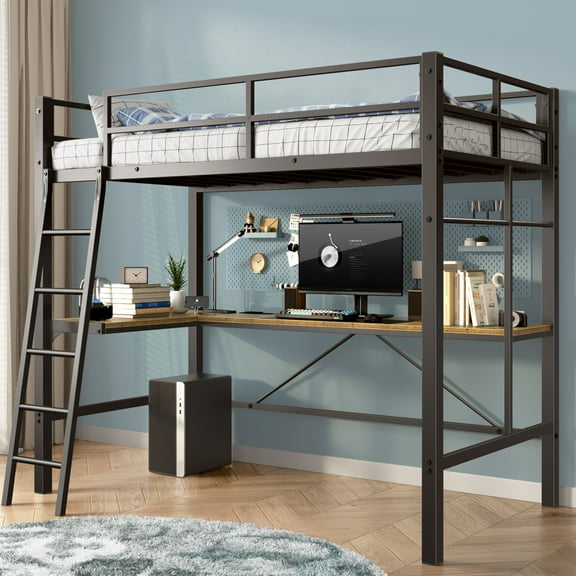 Miniyam Metal Twin Size Loft Bed with L-Shaped Desk, Charging Station for Teen, Black