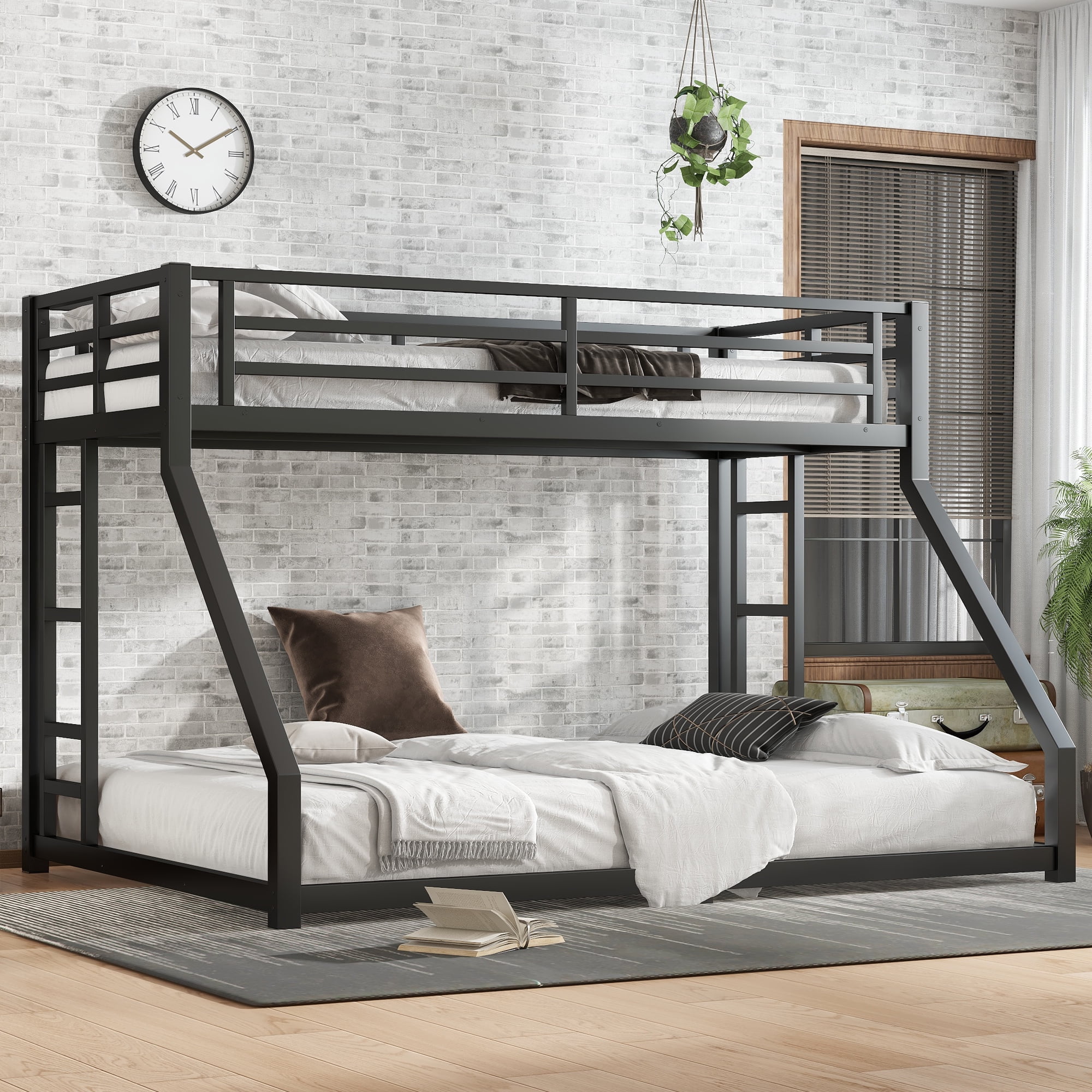 Miniyam Metal Twin XL Over Queen Bunk Bed with Guardrails, Dual Ladders for Kids and Teens, Black