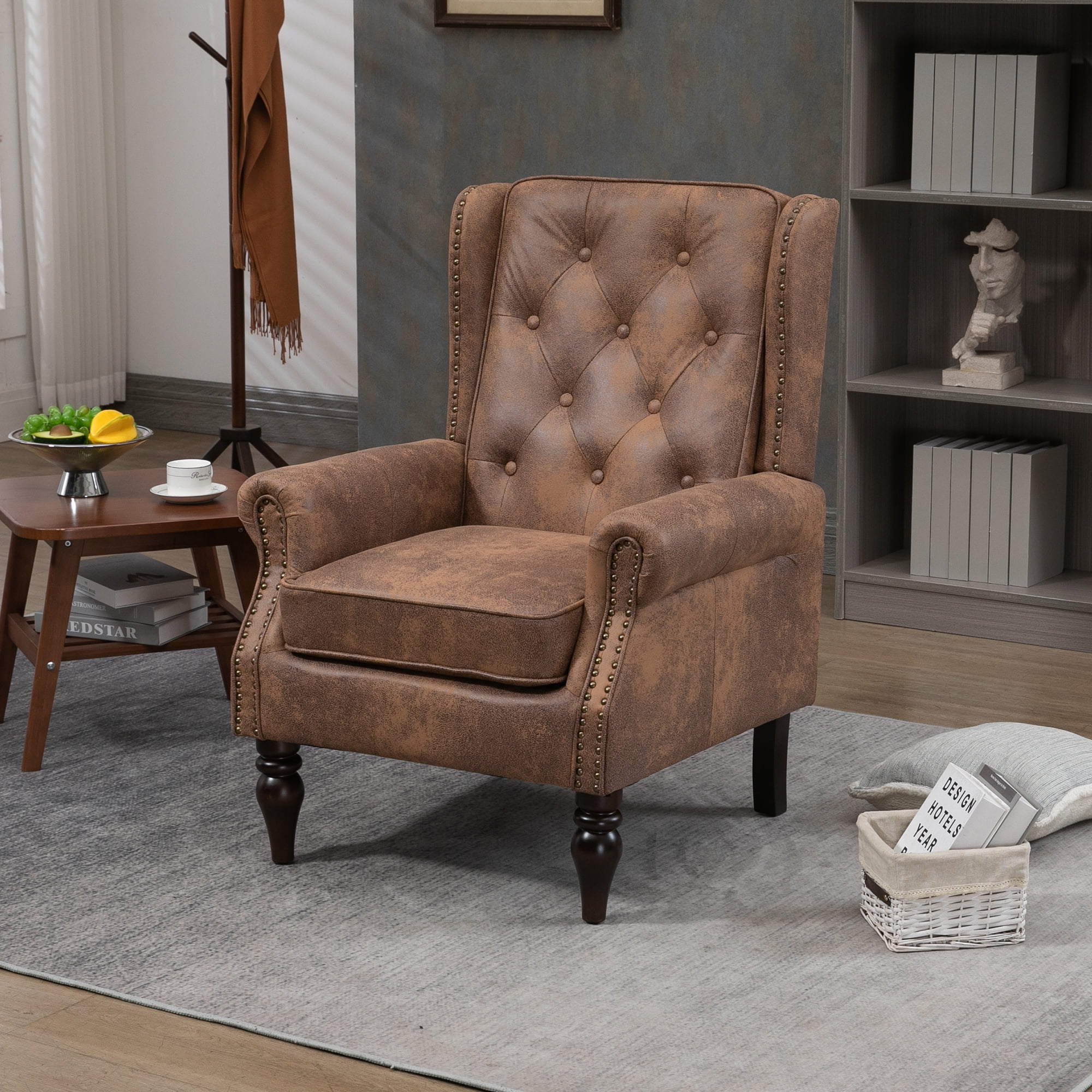 Miniyam Microsuede Armchair with Wood Frame, Modern Accent Chair Lounge Chair with Sturdy Wood Legs, for Living Room Bedroom,Coffee