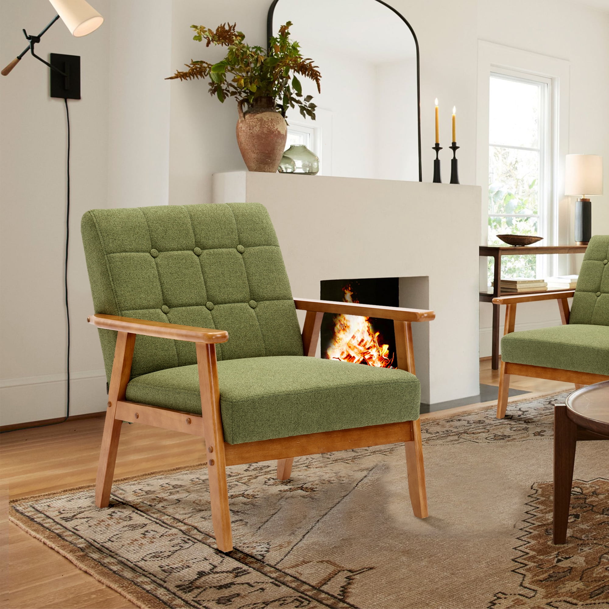 Miniyam Mid Century Modern Accent Chair with Wood Frame,Linen Fabric Single Reading Chair,Armchair for Living Room Bedroom Home Belcony Office,Green