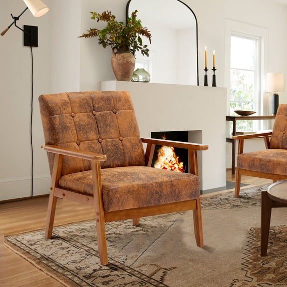 Miniyam Mid Century Modern Accent Chair with Wood Frame,Microsuede Single Reading Chair,Armchair for Living Room Bedroom Home Belcony Office,Coffee
