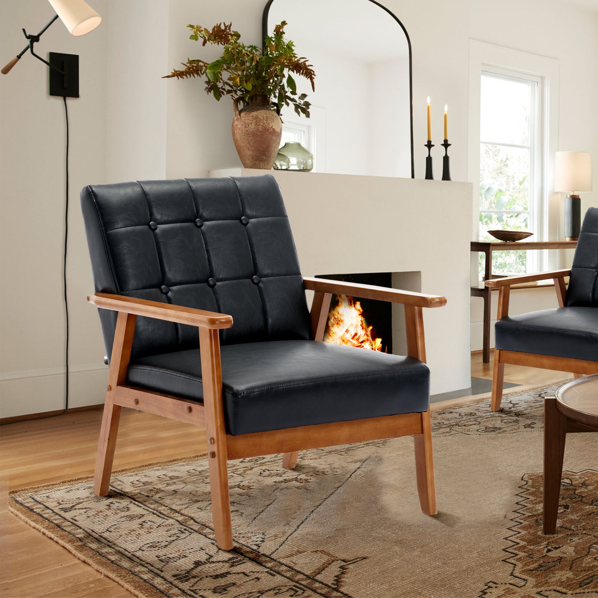 Miniyam Mid Century Modern Accent Chair with Wood Frame,PU Leather Single Reading Chair,Armchair for Living Room Bedroom Home Belcony Office,Black