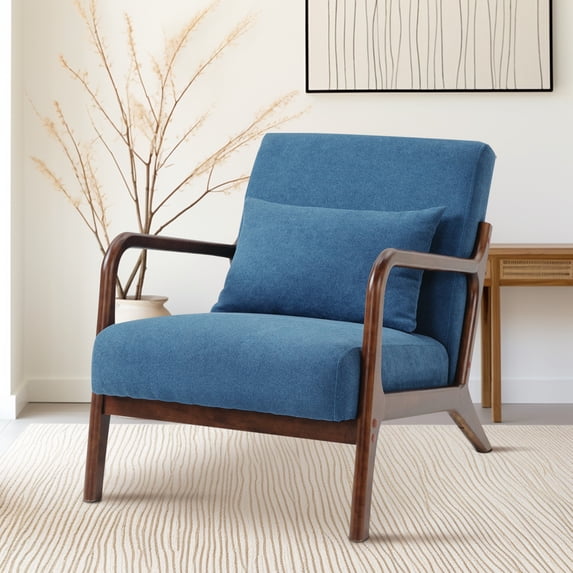 Miniyam Mid Century Modern Accent Chair with Wood Frame, Upholstered Living Room Chairs with Waist Cushion, Reading Armchair,Blue
