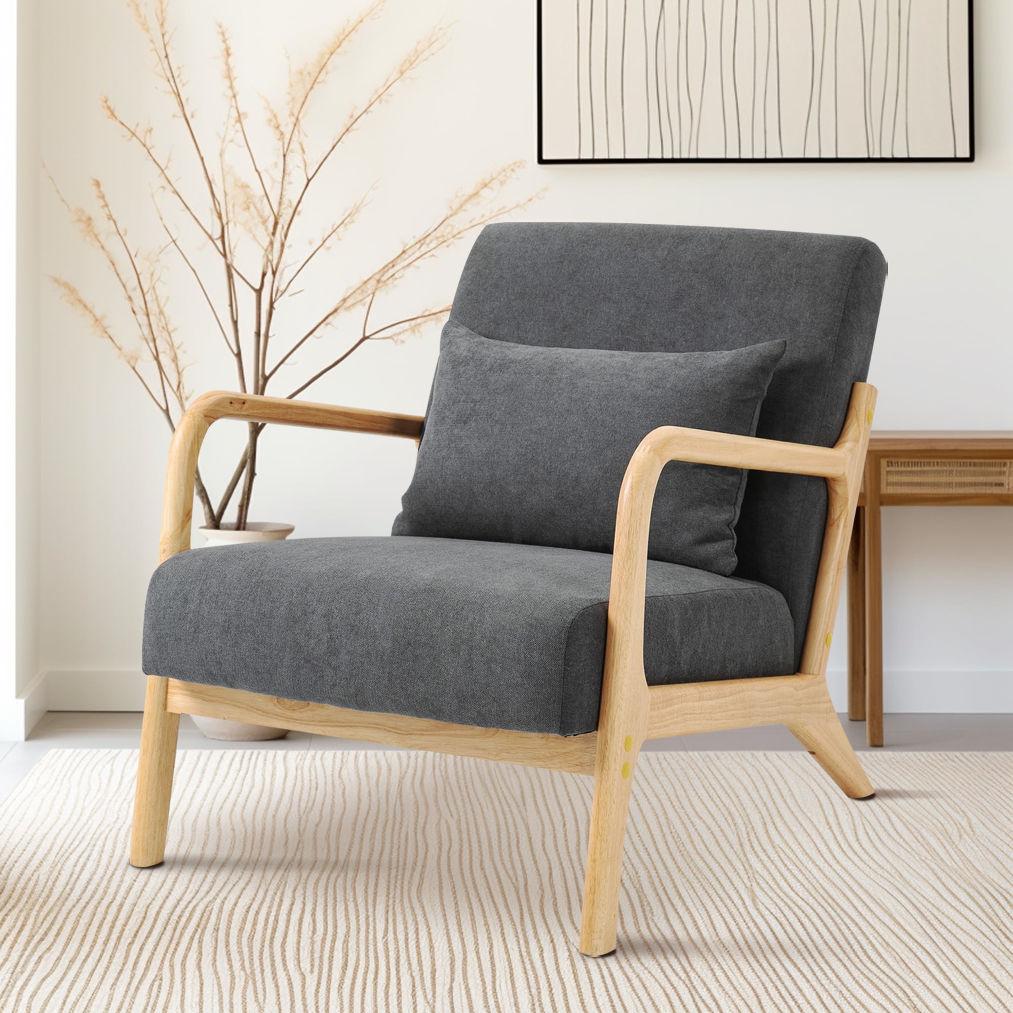 Miniyam Mid Century Modern Accent Chair with Wood Frame, Upholstered Living Room Chairs with Waist Cushion, Reading Armchair,Gray