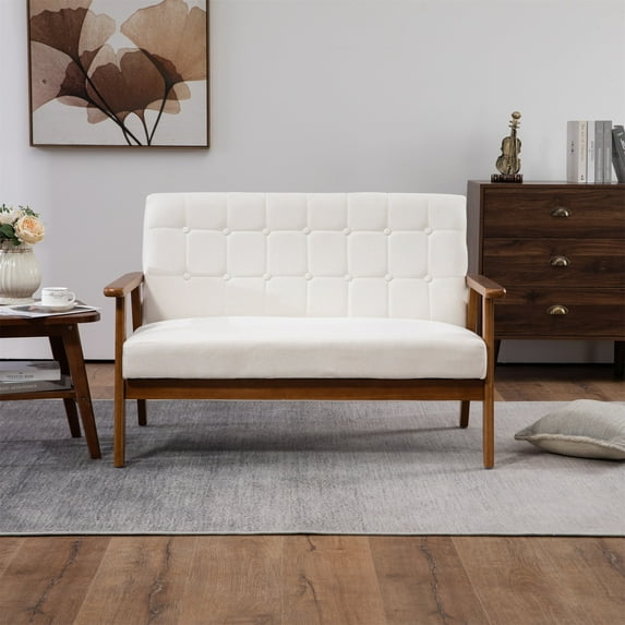 Miniyam Mid Century Modern Loveseat,2-Seat Linen Fabric Upholstered,Reading Couch,Accent Sofa,White