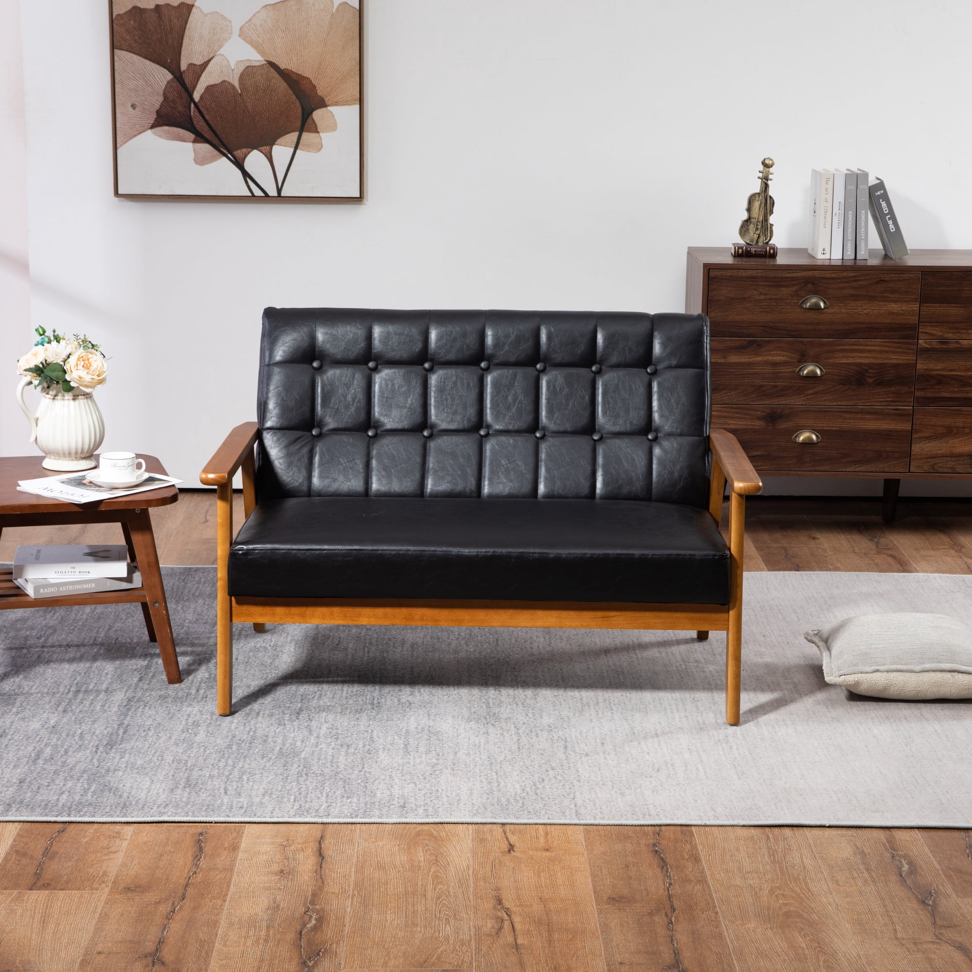 Miniyam Mid Century Modern Loveseat,2-Seat PU Leather Upholstered,Reading Couch,Accent Sofa,Black