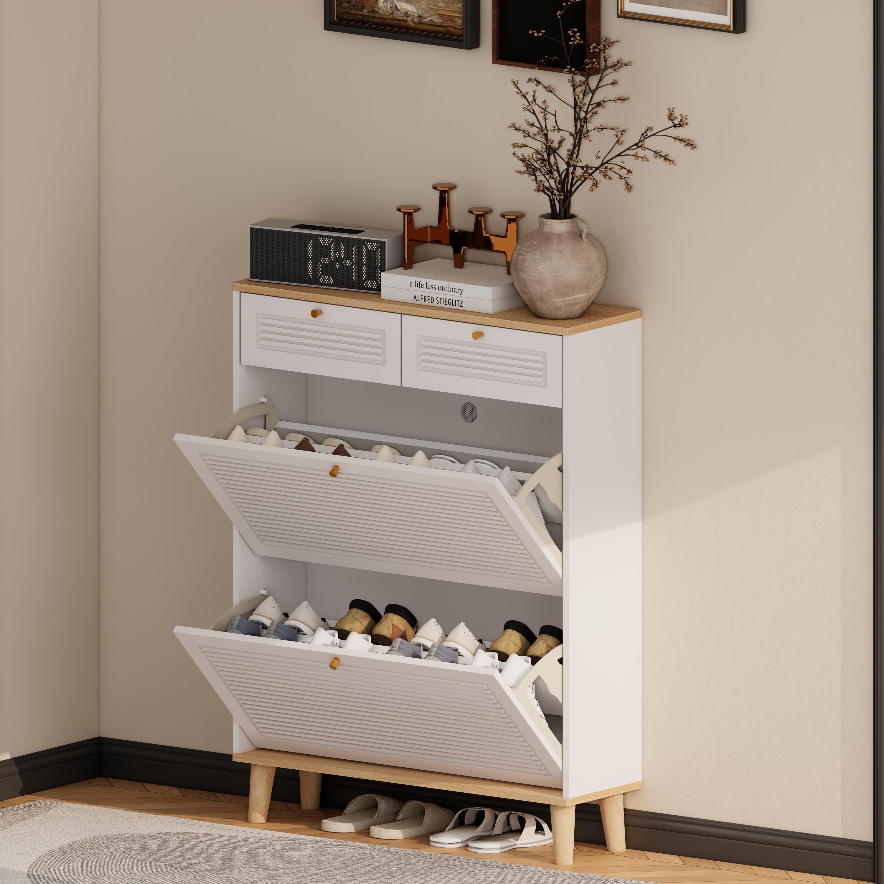 Miniyam Shoe Cabinet, Flip Down Shoe Rack with Drawers for Entryway, White