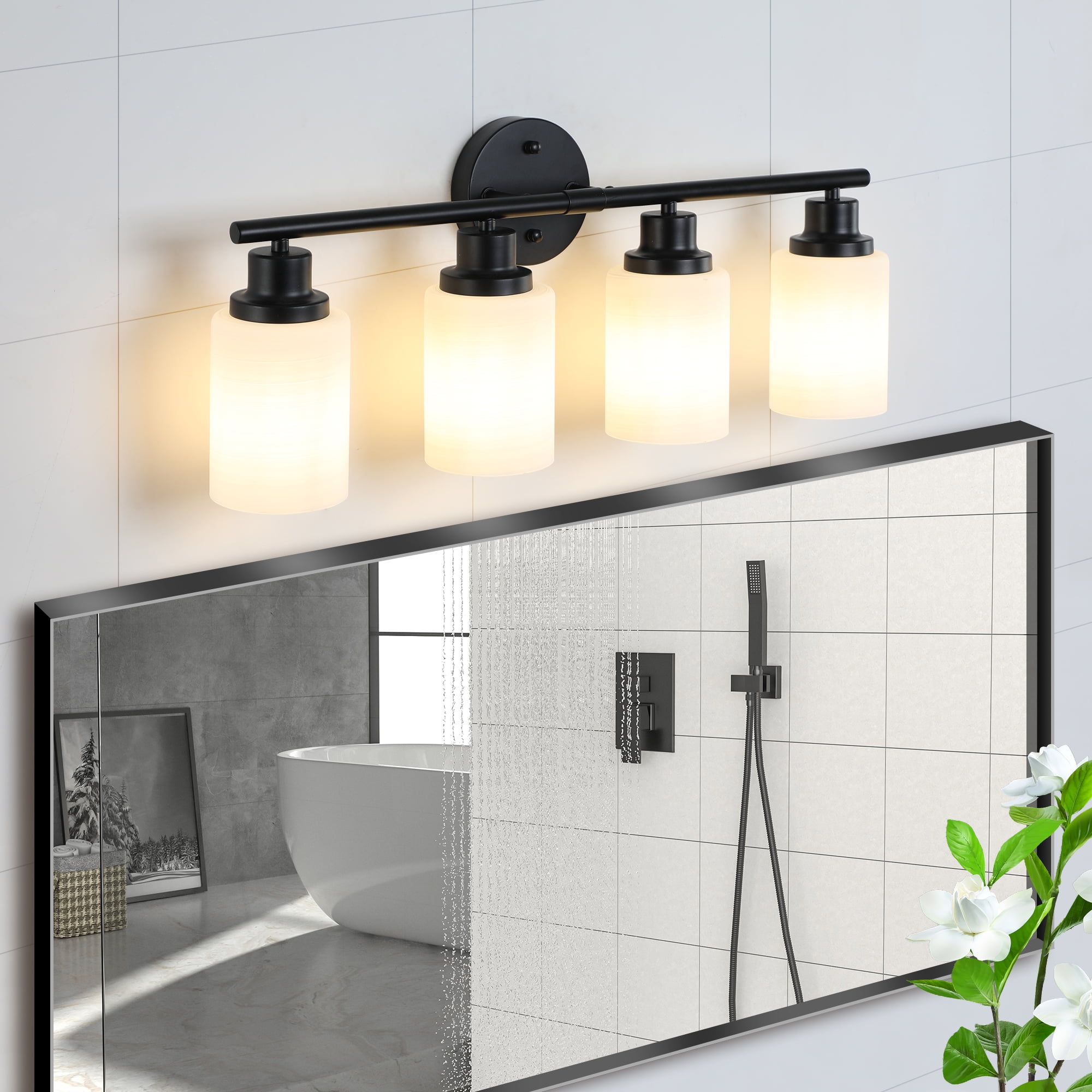 Miniyam 4-Light Modern Bathroom Vanity Light, Black Wall Fixture with Frosted Glass Shades