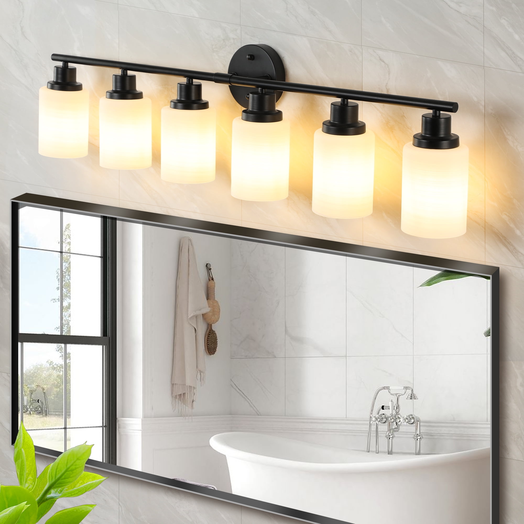 Miniyam Plug in 6-Light Modern Vanity Light, Black Wall Fixture with Frosted Glass Shades, E26 Base