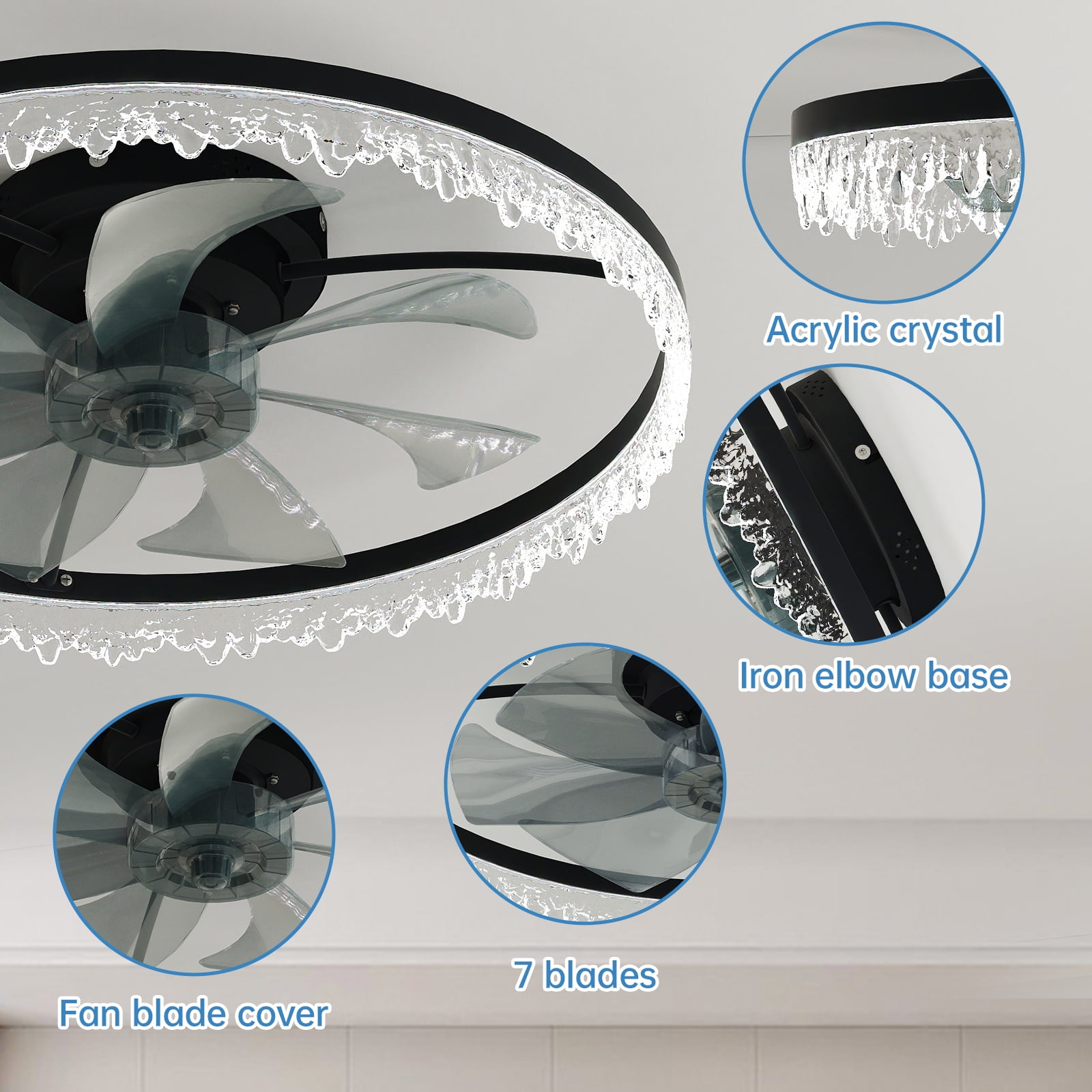 Miniyam Modern Ceiling Fan with Crystal Ring Design – Stylish Lighting Fixture with Energy Efficient Air Circulation, 6 Speeds