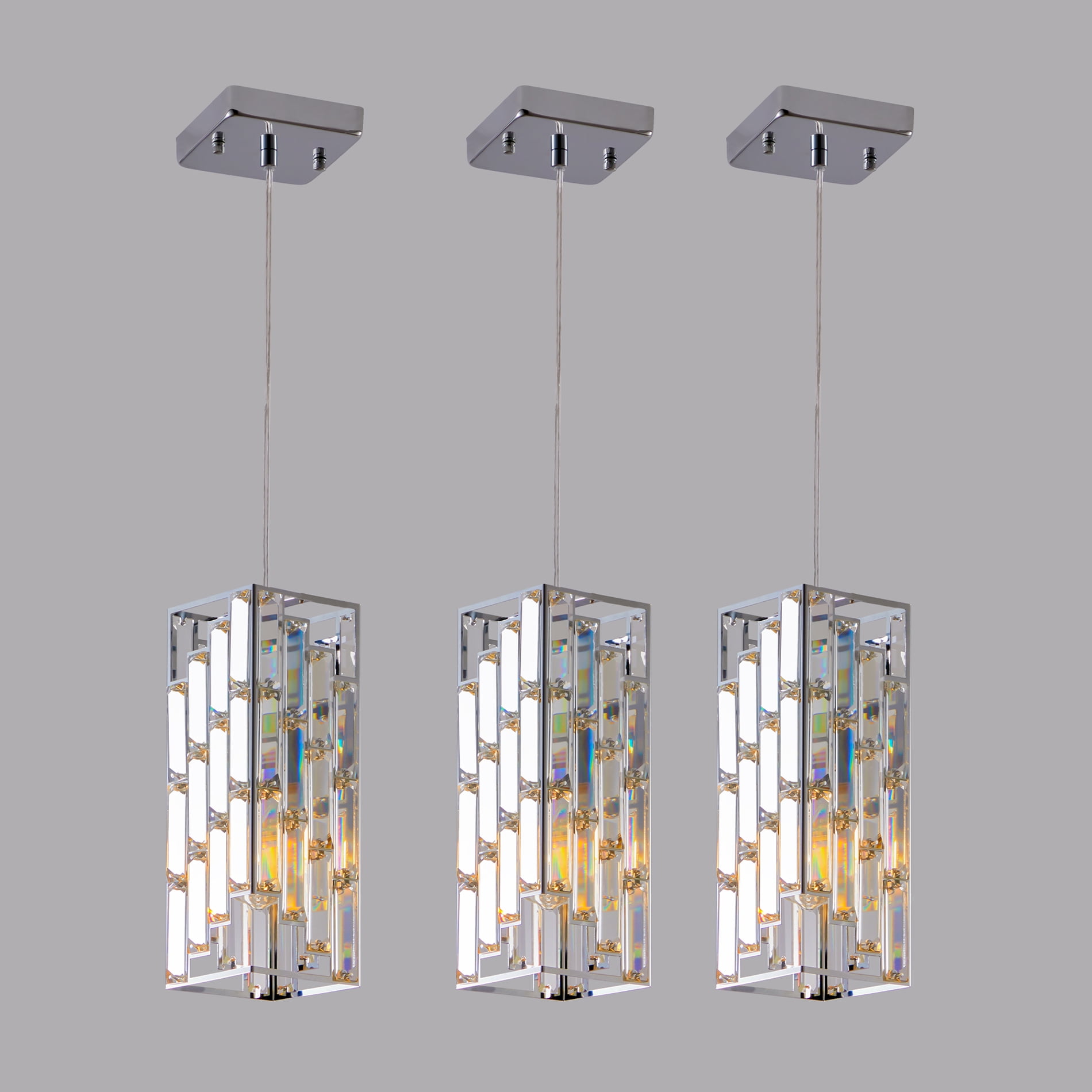 Modern Chrome Crystal LED Pendant Light Set, Adjustable 3-Pack