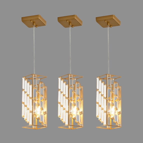 Miniyam Modern Crystal Pendant Light, 3-Pack Adjustable Hanging Ceiling Lamp for Dining Room, Gold