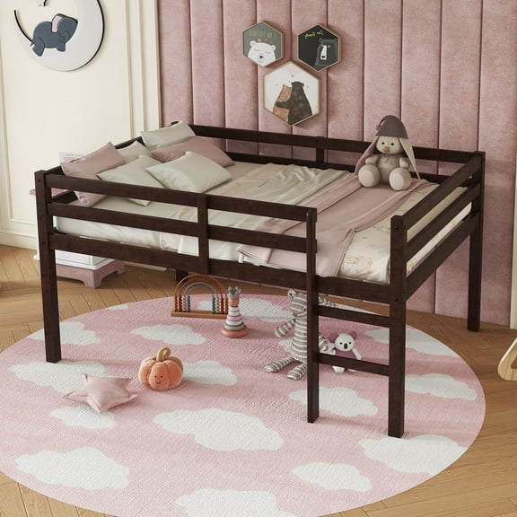 Miniyam Modern Full Size Loft Bed with Ladder, Minimalist Design, Espresso