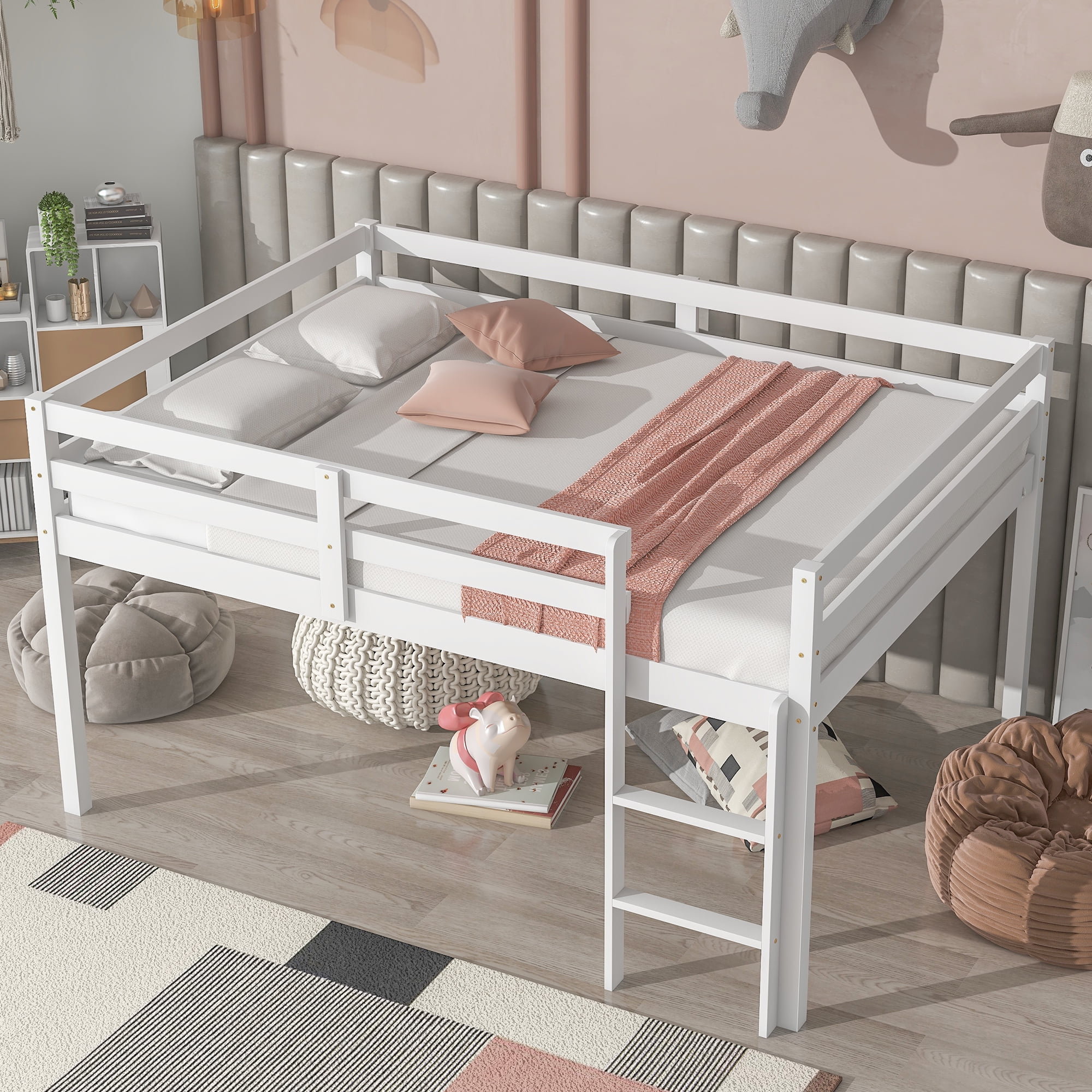Miniyam Modern Full Size Loft Bed with Ladder Minimalist Design White Walmart