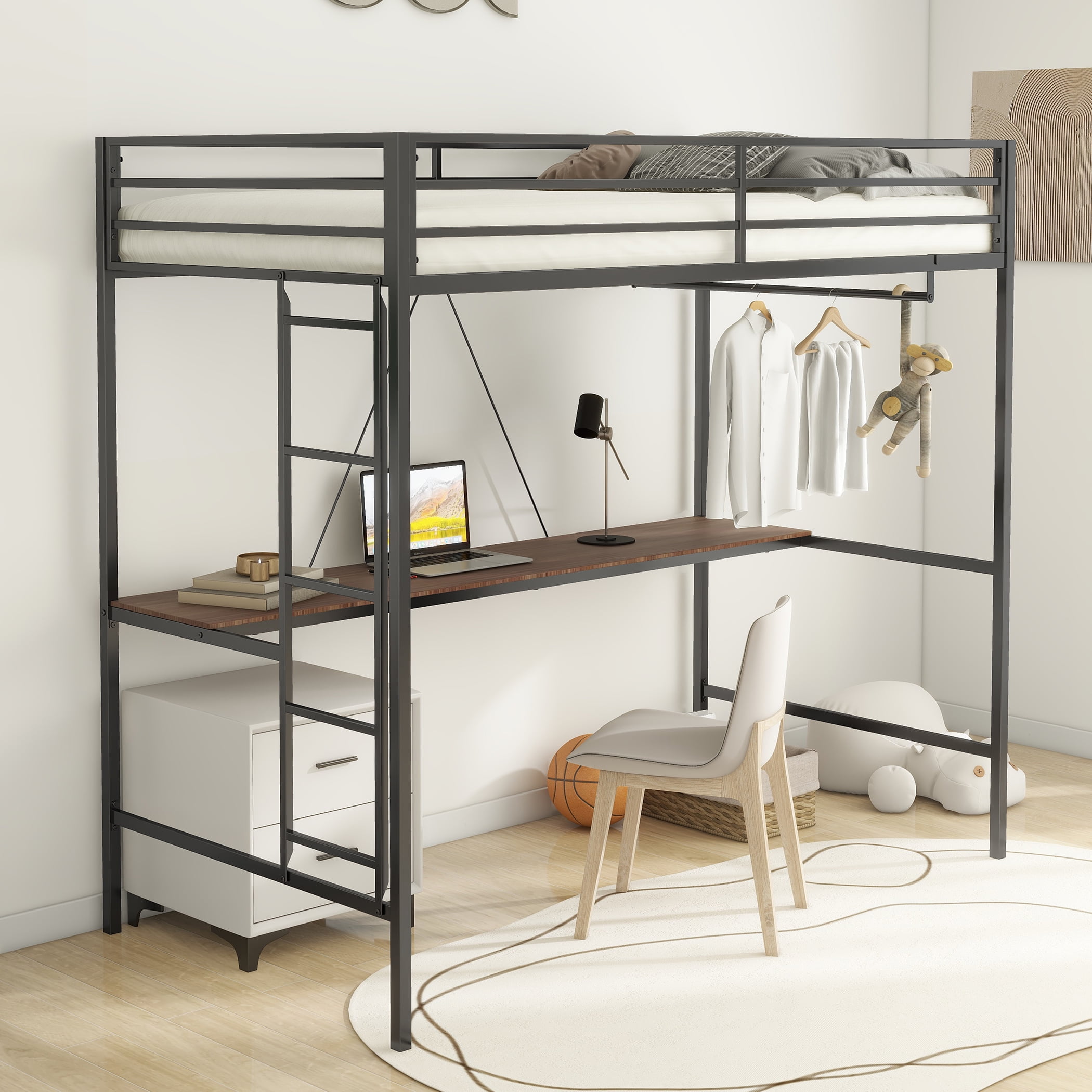 Miniyam Modern Metal Twin Size Loft Bed with Shelf for Kids and Teens, Black