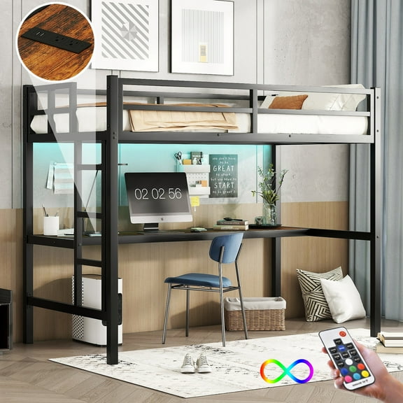 Miniyam Modern Metal Twin XL Size Loft Bed with Power Outlet, LED Light for Kids and Teens, Black