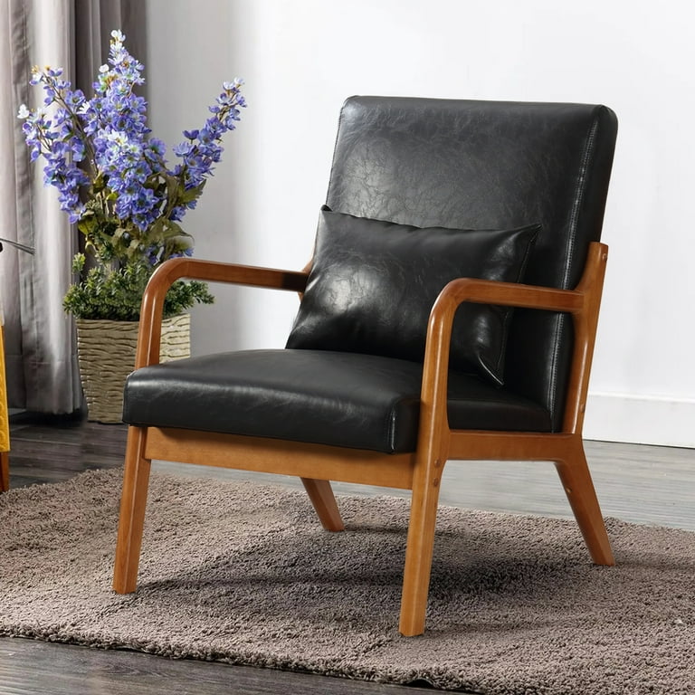 Miniyam Modern PU Leather Accent Chair Solid Wood Lounge Reading Armchair With One Pillow for Living Room Bedroom Guest Room Black Walmart