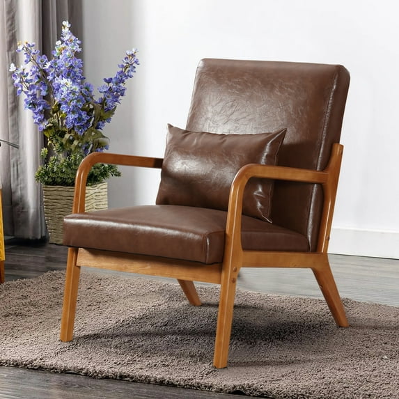 Miniyam Modern PU Leather Accent Chair, Solid Wood Lounge Reading Armchair With One Pillow for Living Room, Bedroom, Guest Room, Brown