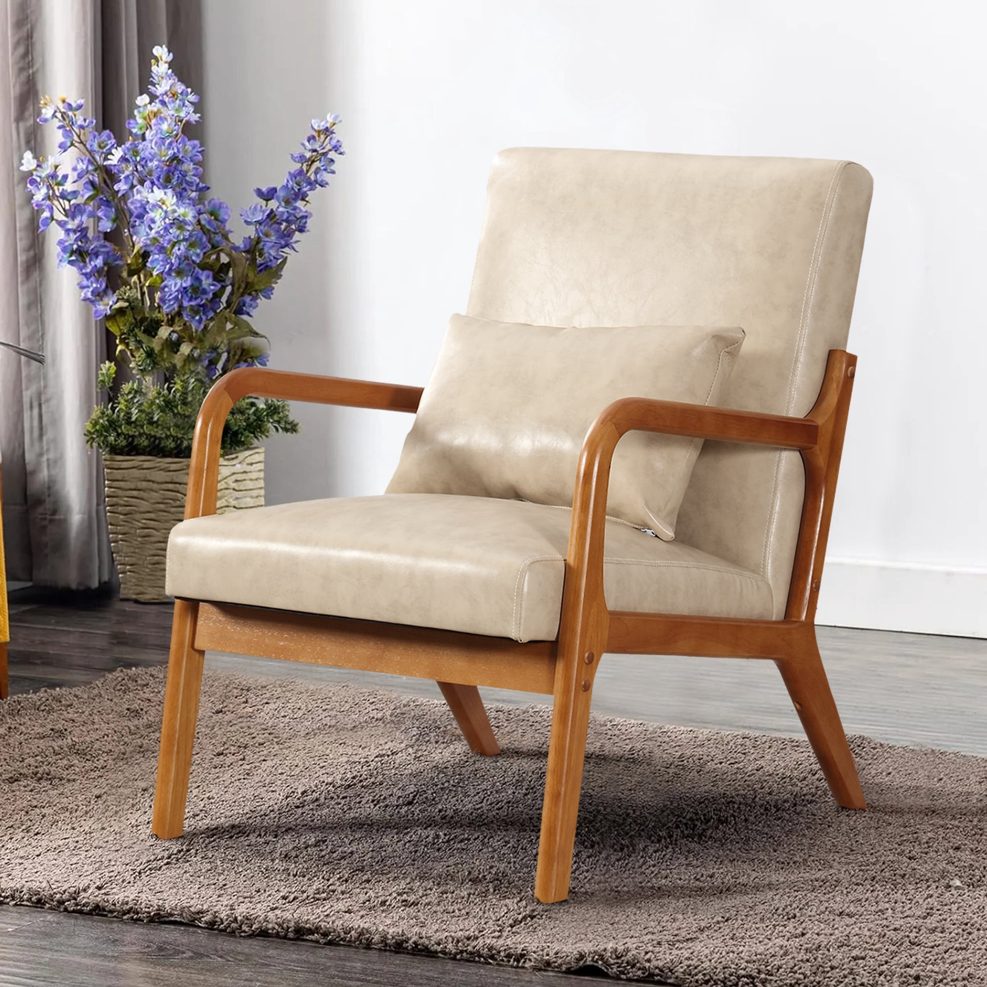 Miniyam Modern PU Leather Accent Chair, Solid Wood Lounge Reading Armchair With One Pillow for Living Room, Bedroom, Guest Room, Khaki
